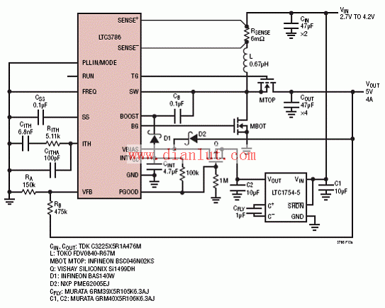 LTC3786 low IQ lithium ion 5V/4A boost converter circuit