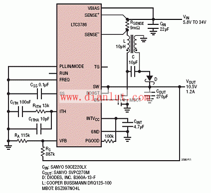 LTC3786 High Efficiency 10.5V Non-Synchronous SEPIC Converter Circuit