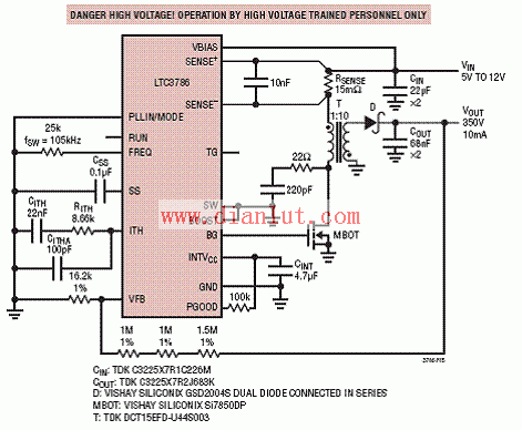 LTC3786 low IQ high voltage flyback power supply circuit