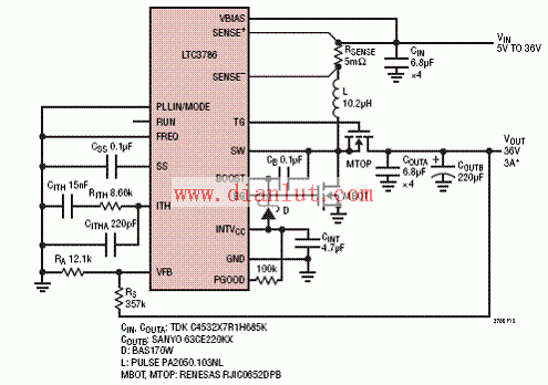 LTC3786 high efficiency 36V boost converter circuit