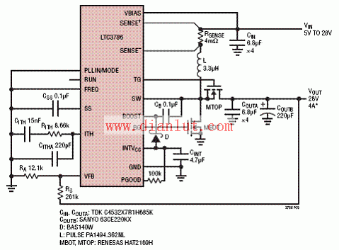 LTC3786 high efficiency 28V boost converter circuit