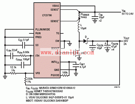 LTC3786 low IQ non-synchronous 24V/2A boost converter circuit