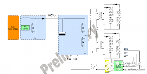 New Topology Block Diagram Two-stage circuit structure with PFC and multi-string isolation transformer LLC converter