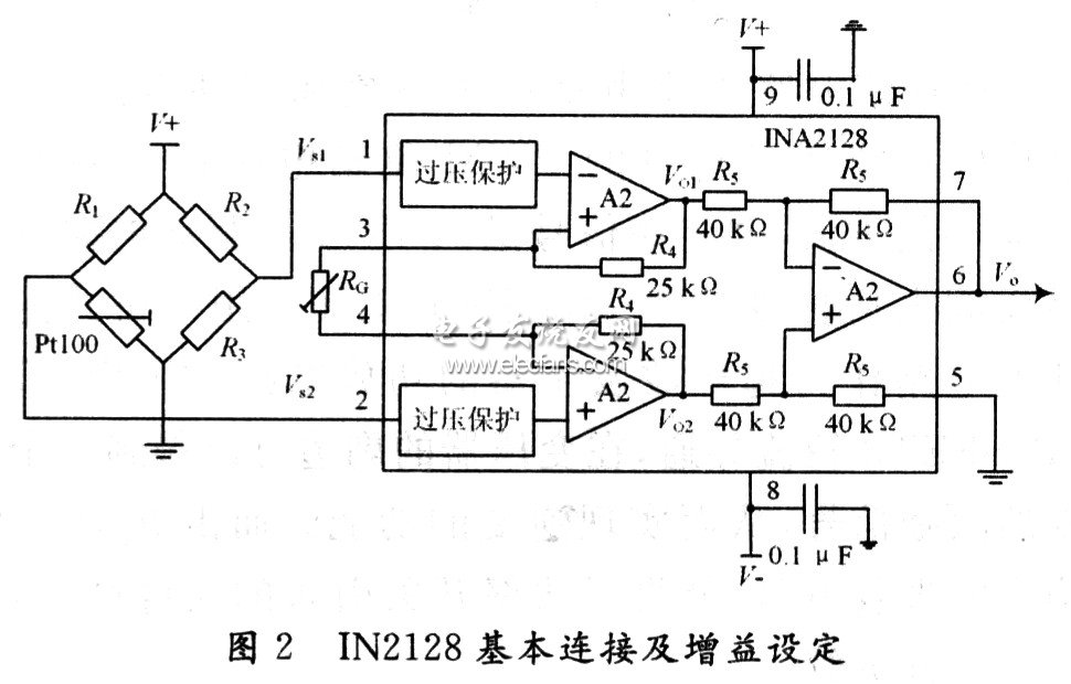 Preamplifier circuit formed by INA2128 and PT100
