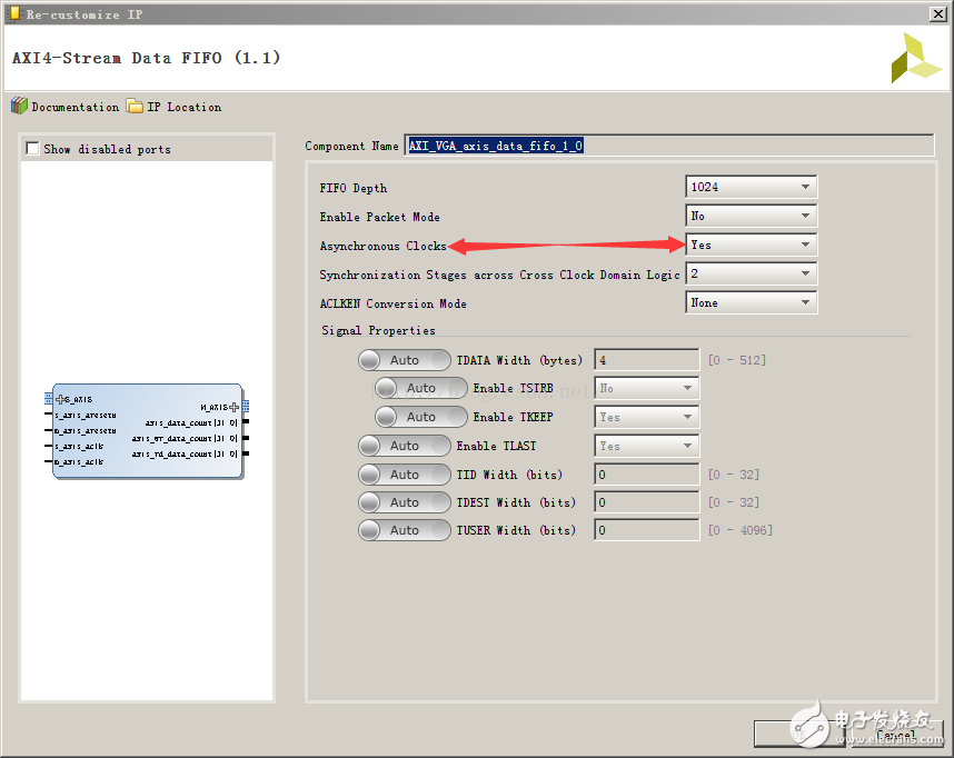 How to set up dual clock in AXI STREAM FIFO