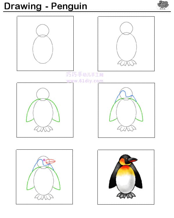 Baby learning to paint: penguin's painting steps