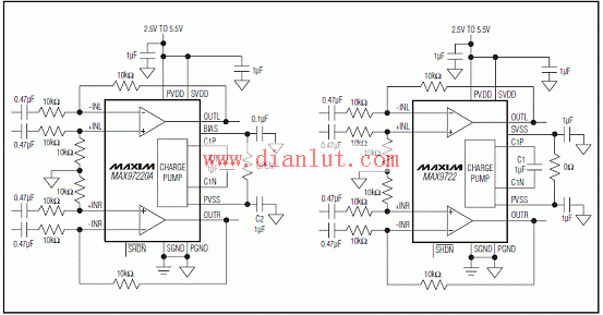 MAX97220 Differential Input Headphone Amplifier Application Circuit