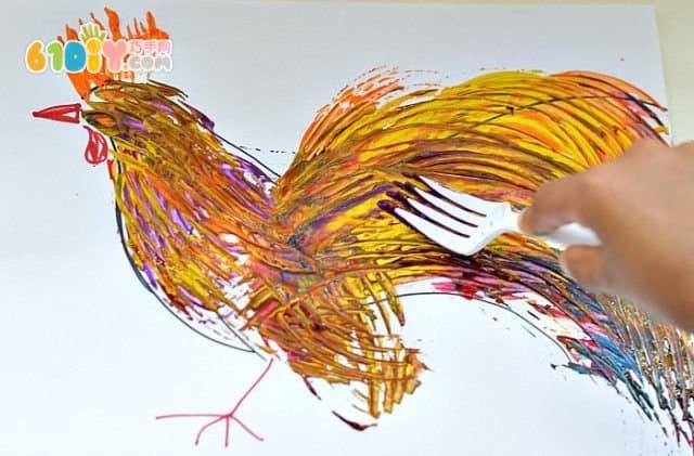 Child creative painting fork painting big cock