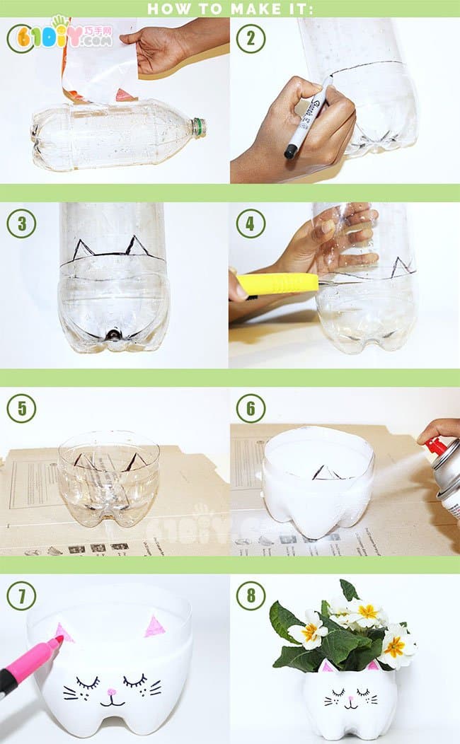Coke bottle turned into cute kitten flowerpot