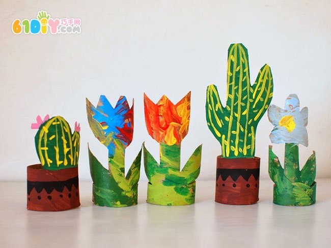 Roll of paper tube creatively made tulip flowers and cactus