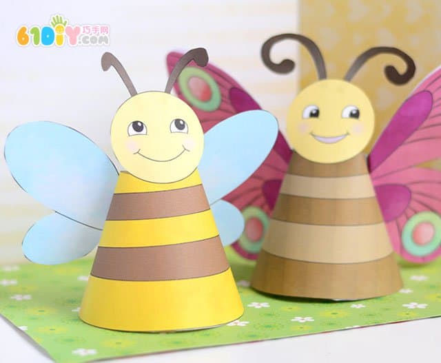 Children's handmade three-dimensional bee and small butterfly