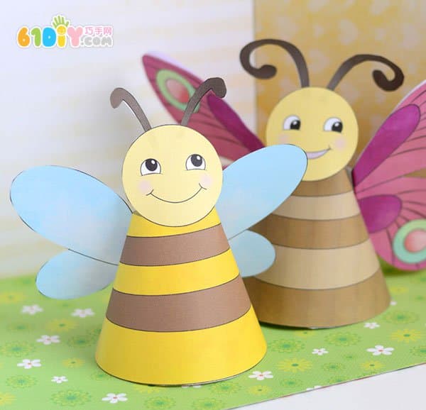 Children's handmade three-dimensional bee and small butterfly