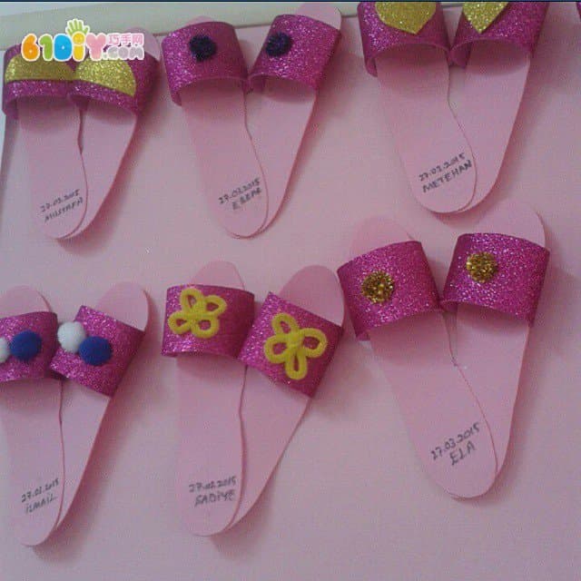 Handmade works of various slippers made by children