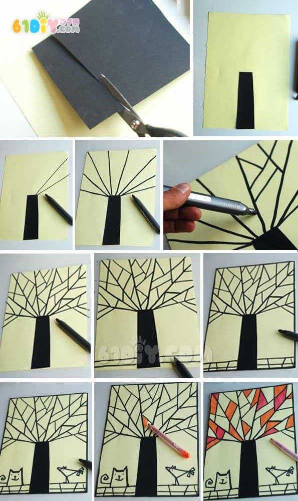 Children creative hand painting autumn tree