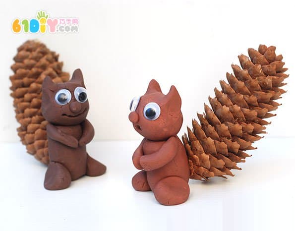 Clay pine fruit DIY making sprouted little squirrel