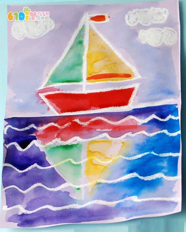 Crayon painting, sea watercolor painting