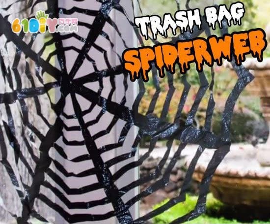 Halloween DIY black garbage bag making large spider web