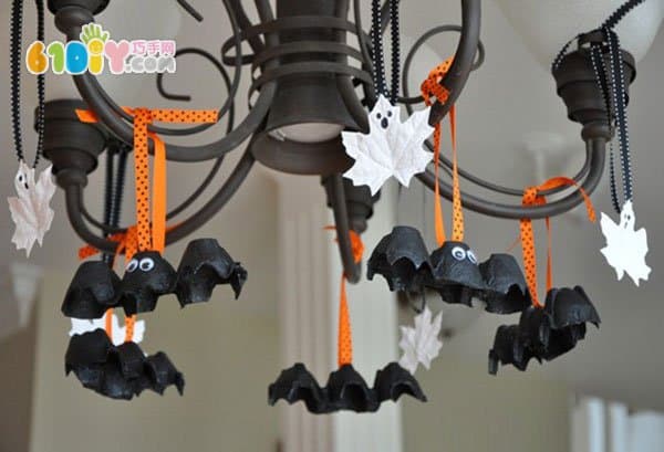 Halloween children handmade egg box bat and leaves ghost ornaments