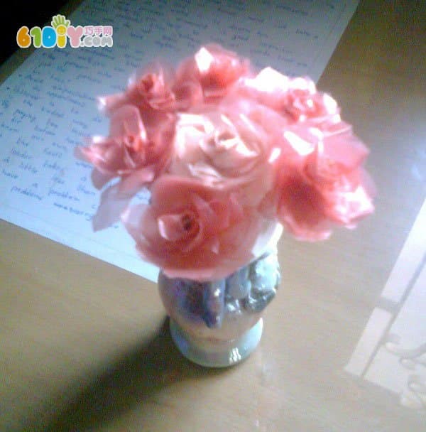 Handmade rose bouquet in plastic bag