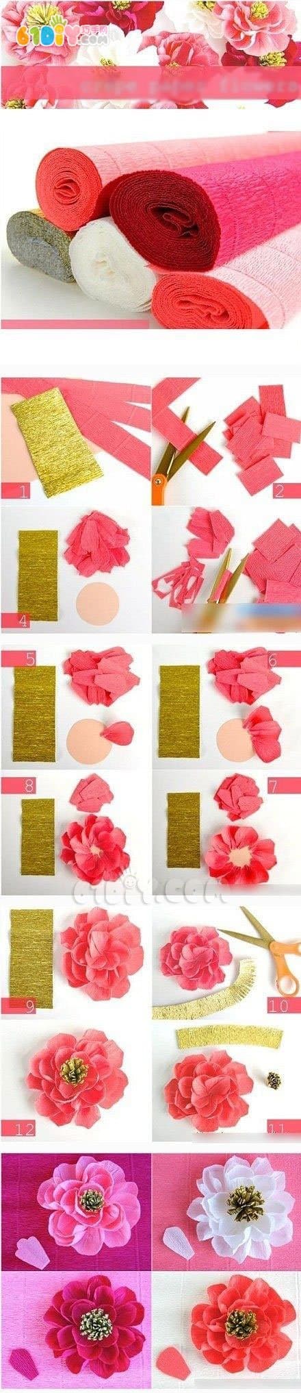 Wrinkled paper flowers handmade tutorial