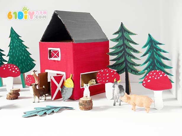 Waste cardboard handmade three-dimensional farm barn scene