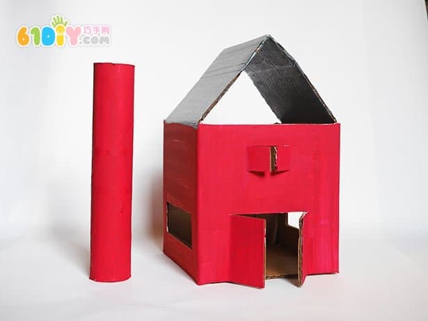 Waste cardboard handmade three-dimensional farm barn scene