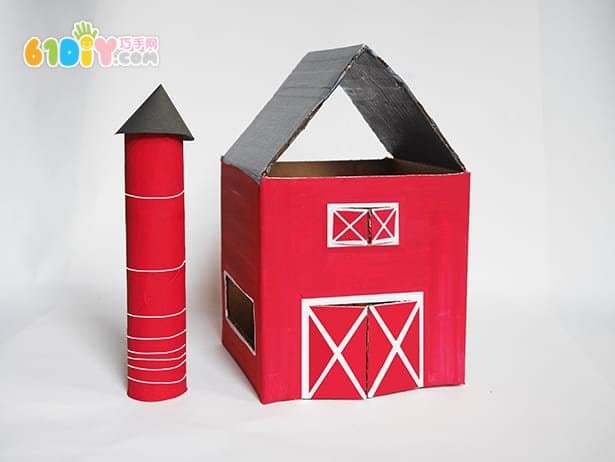 Waste cardboard handmade three-dimensional farm barn scene