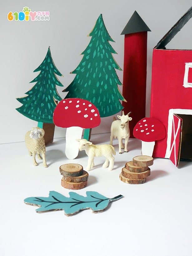 Waste cardboard handmade three-dimensional farm barn scene