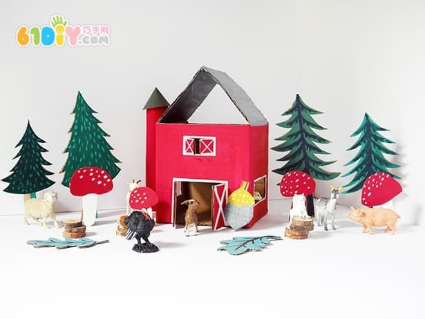 Waste cardboard handmade three-dimensional farm barn scene