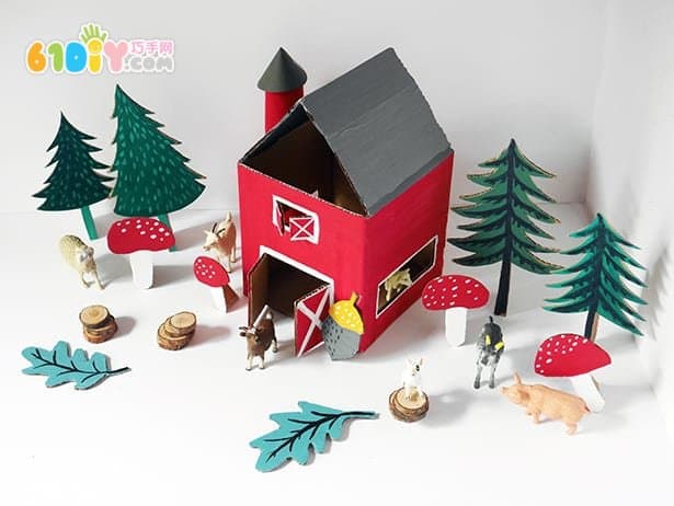 Waste cardboard handmade three-dimensional farm barn scene