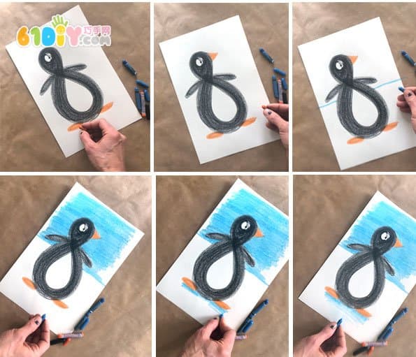 Child painting cute little penguin