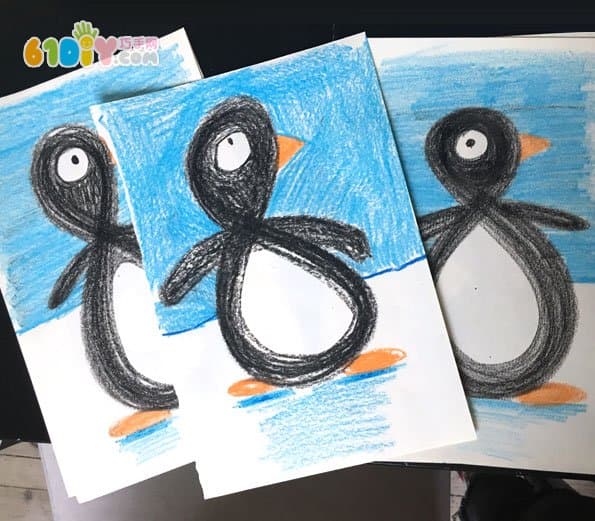 Child painting cute little penguin