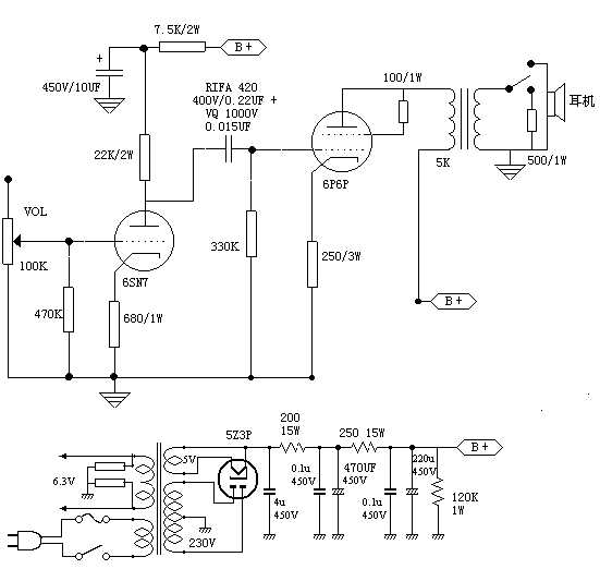 6SN7 + 6V6 cattle output headphone amplifier circuit diagram