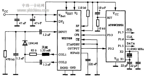 U2270B-based REID card reader module circuit diagram