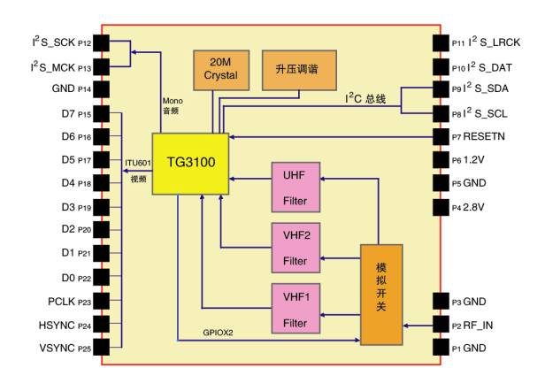 Figure 2: SKYLAB SKT118 TV module block diagram and pin diagram