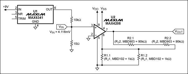 Figure 2. MAX4208 configured with external rejustors provides a gain of 360V / V.