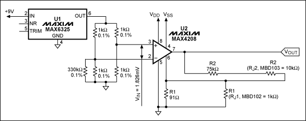 Figure 6. MAX4208 with the combination of external rejustors and resistors to provide a gain of 1000V / V.