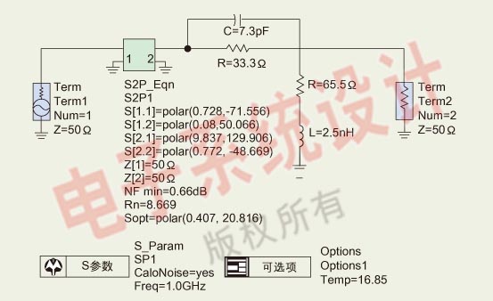 Figure 1: S-parameter simulation circuit diagram including noise analysis settings
