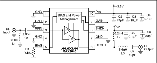 Figure 1. Schematic diagram of the MAX2645 SiGe LNA circuit operating at 2.65GHz