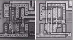 The NAND gate drives an optical photo of the inverter (containing the metal layer and removing the metal layer).