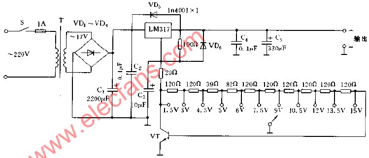 A practical stabilized power supply circuit composed of LM317