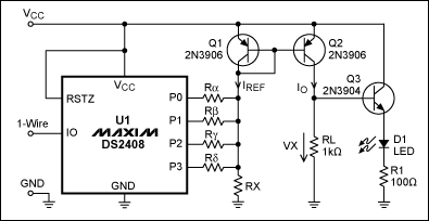 Figure 1. This 4-bit DAC is controlled by a 1-Wire interface. (DS2408 outputs P4 to P7 are not used.)