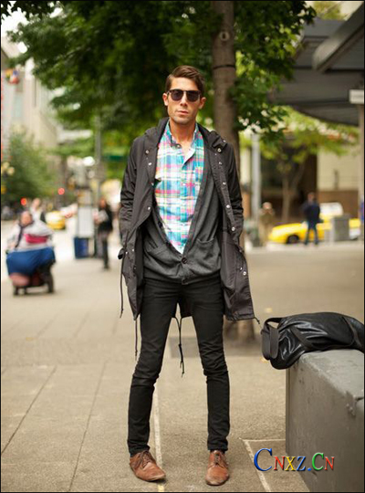 Fashion men wearing a stylish plaid shirt with layered outfits