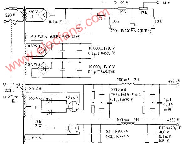 845 single-ended Class A power amplifier circuit diagram (including power circuit)