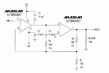 Figure 1. This composite amplifier, based on a dual video-amplifier IC, provides a 40dB gain and 10MHz bandwidth while driving a 150 ohm load.