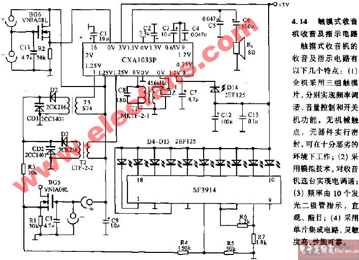 Touch-type radio receiving and indicating circuit