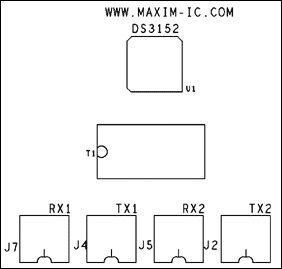 Figure 2-1. DS3152 dual-port, T3 / E3 LIU layoutâ€” silkscreen top layer.