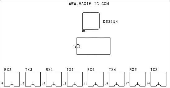 Figure 4-1. DS3154 quad-port, T3 / E3 LIU layoutâ€”silkscreen top layer.