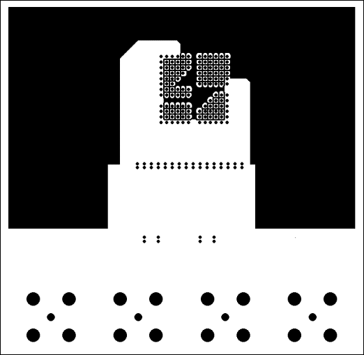 Figure 2-6. DS3152 dual-port, T3 / E3 LIU VCC plane {layer three} layoutâ€”no VCC plane under the transformer or TXP, TXN, RXP, RXN.