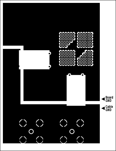 Figure 1-5. DS3151 Single-port, T3 / E3 LIU ground plane {layer two} layoutâ€”no ground plane under the transformers.